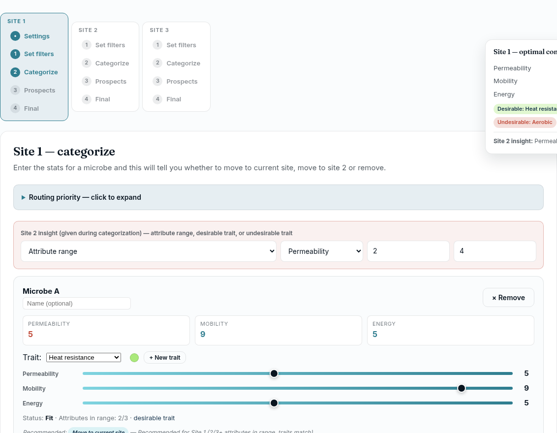 Sea Wolf Solver — categorise microbes against site requirements in the live app